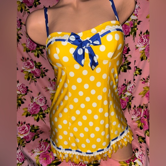Betsey Johnson yellow white polka dot swimsuit swim dress one piece bow vintage